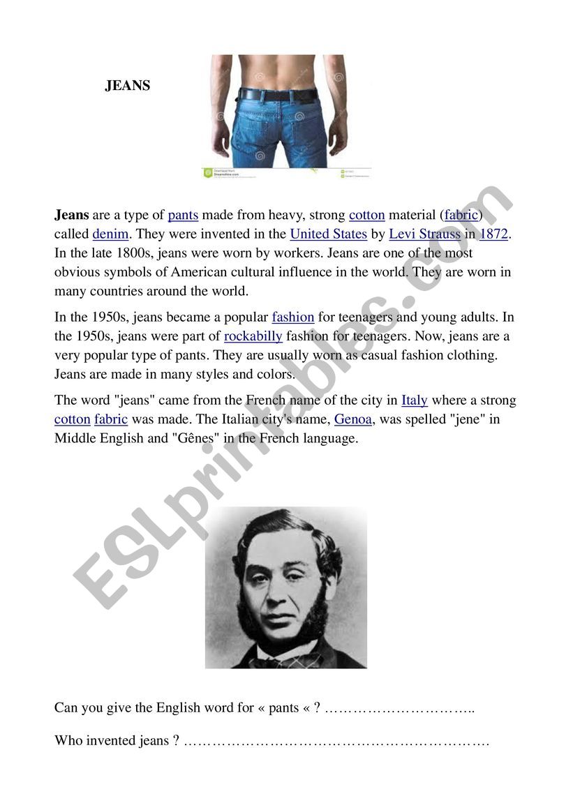 The history of jeans worksheet