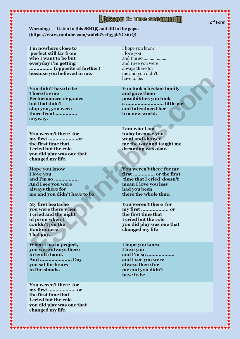 Lesson 2:  The stepmum  2nd form secondary education warm- up activity: in the form of a song