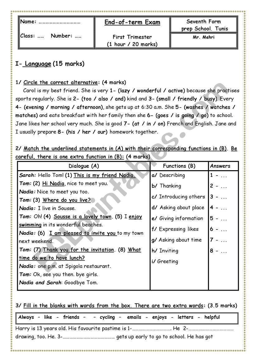 END OF TERM EXAM N1 // 7TH FORM // TUNISIAN PREP SCHOOL