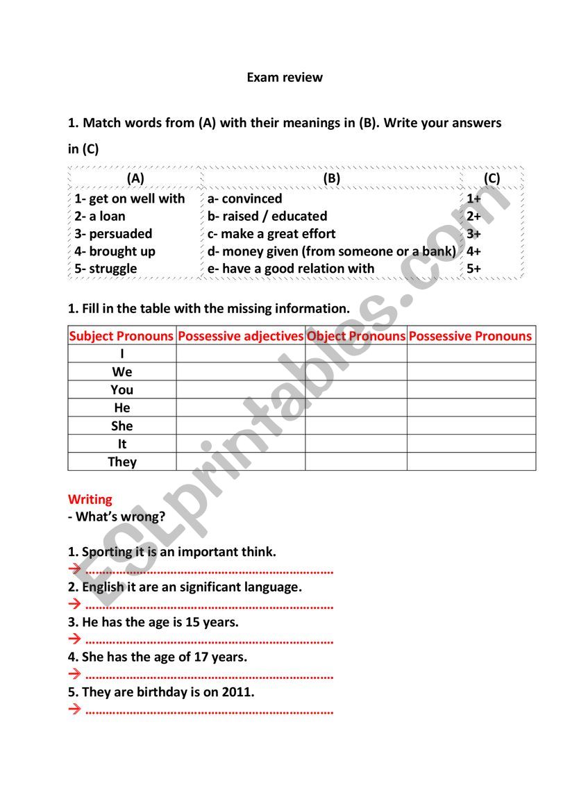 Exam Revision worksheet