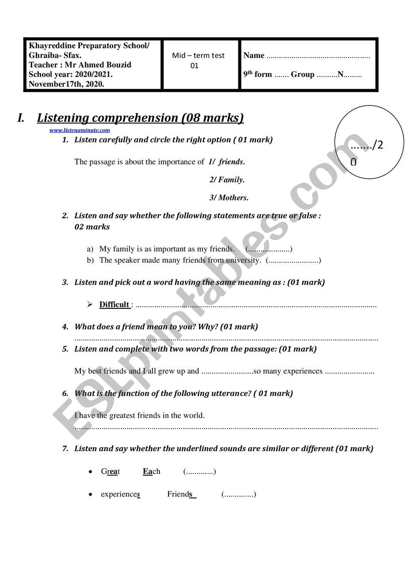 test 9th form worksheet