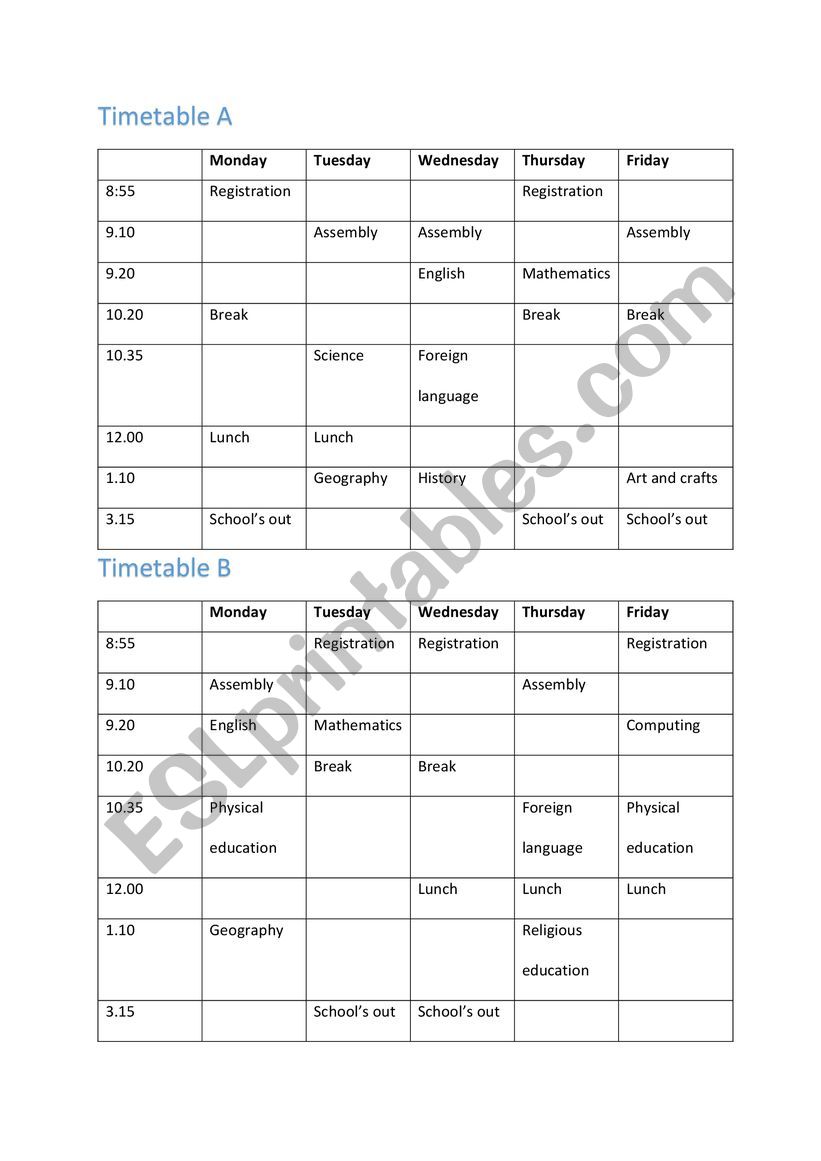Information Gap Timetable  worksheet