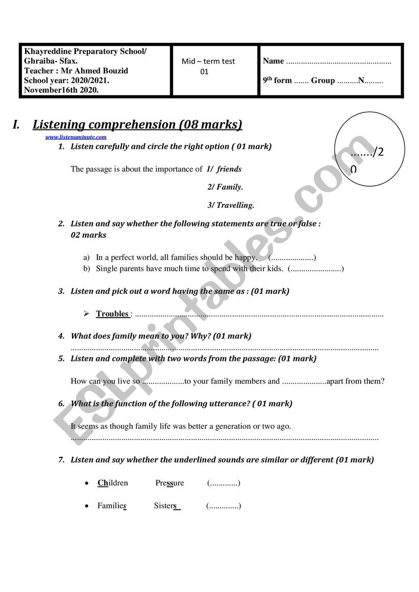 test 9th form worksheet