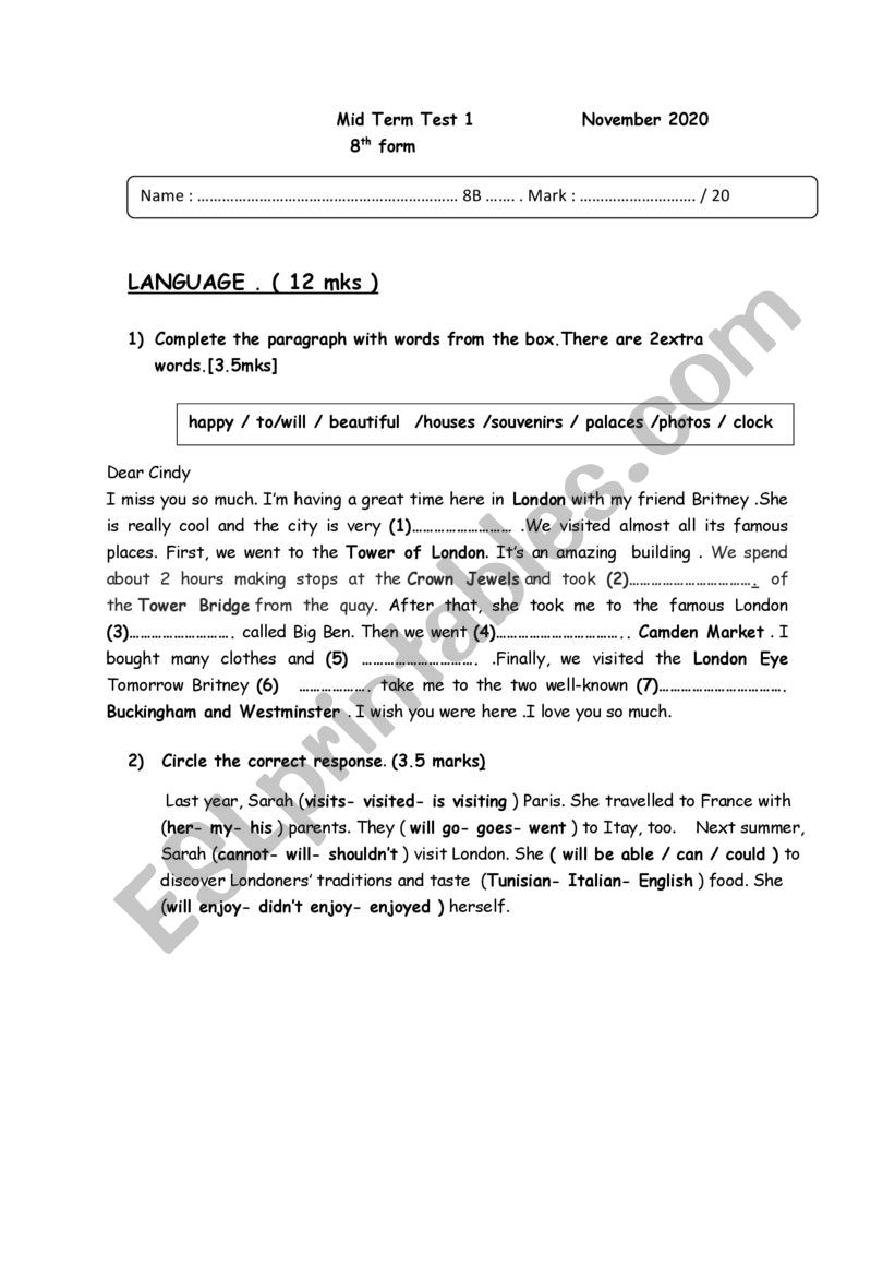 mid term test 1 8th form worksheet