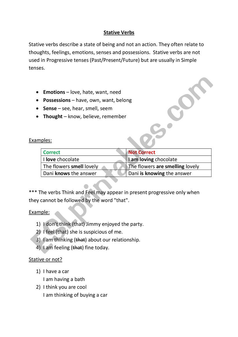 Stative Verbs Info Sheet  worksheet