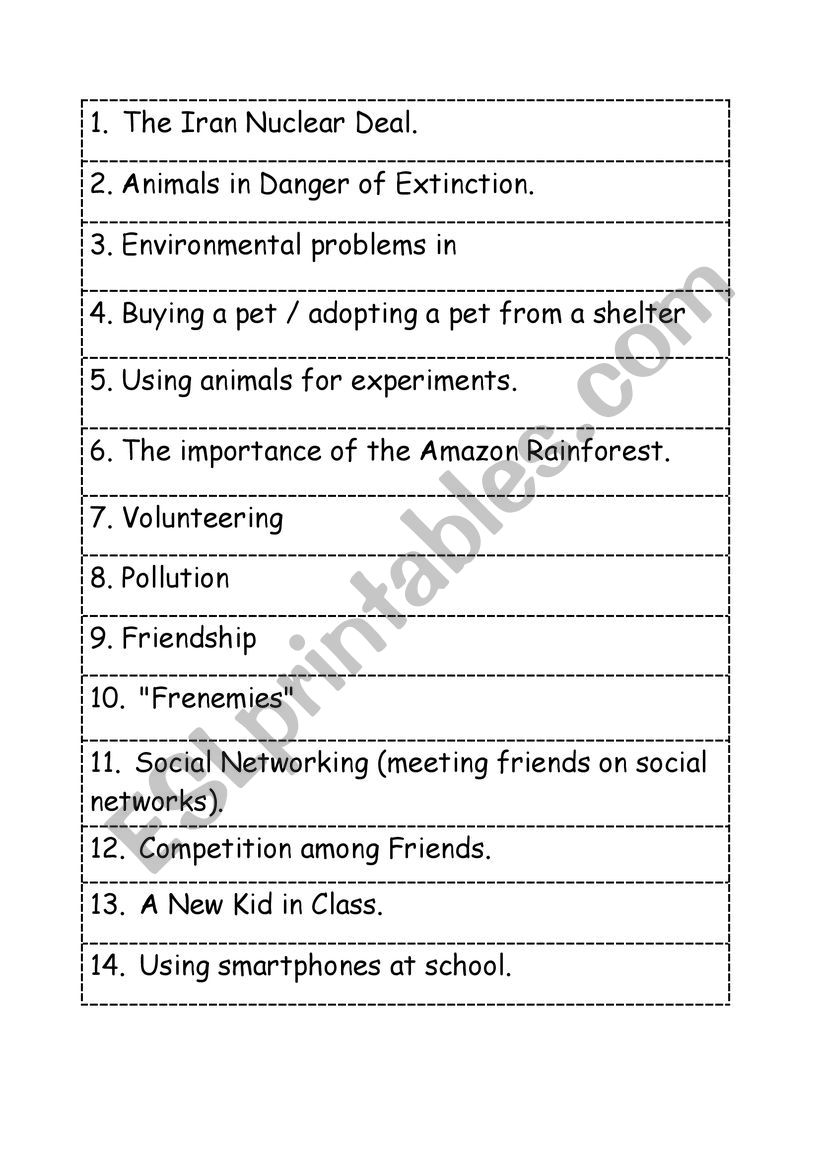 Public Speaking topics worksheet