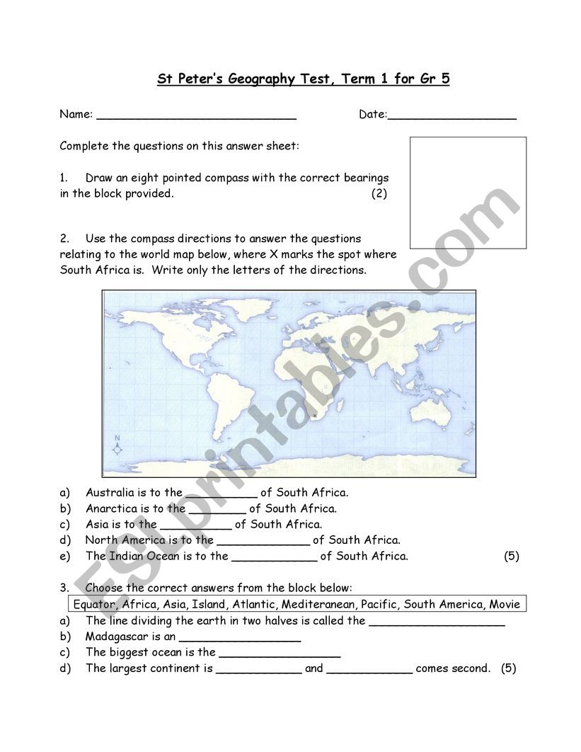 Grade 5 Term 1 Geography test - ESL worksheet by Moniqueanney