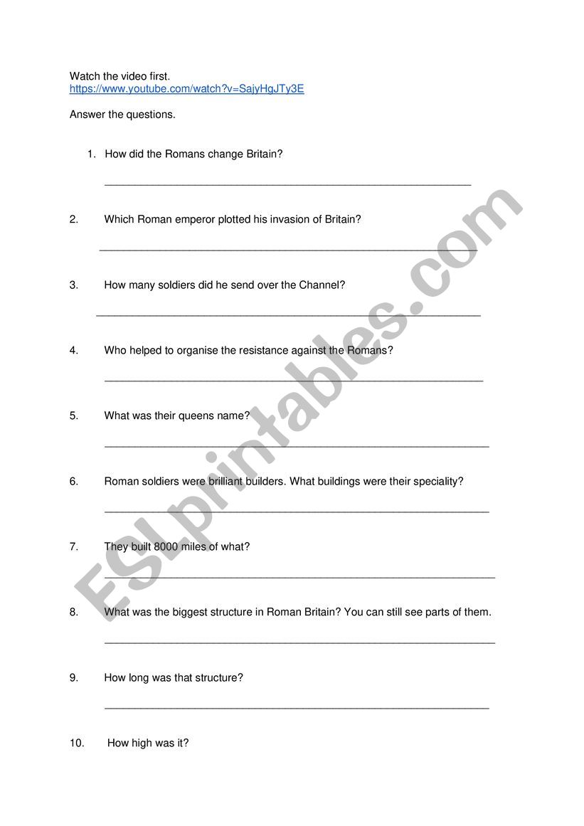 Roman Britain worksheet