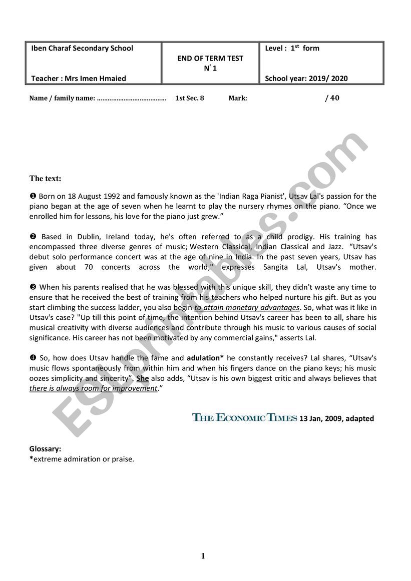 1st form full term test 1 for Tunisian students