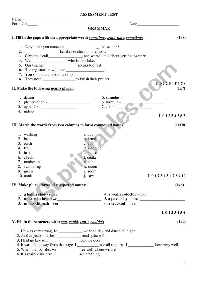 TEST GRAMMAR AND VOCABULARY worksheet