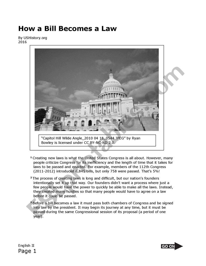How a Bill Becomes a Law worksheet