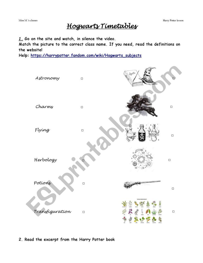 Timetabes in Hogwarts worksheet