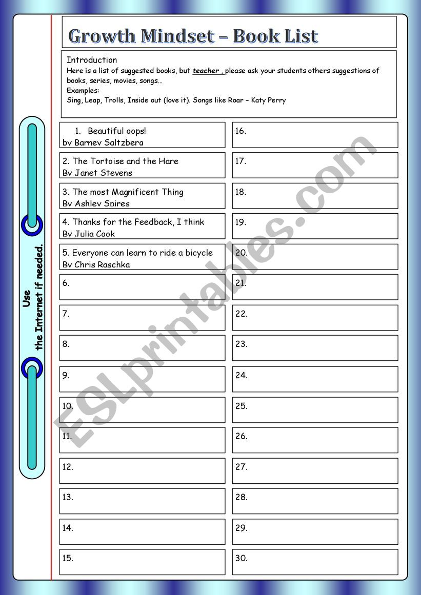 Growth Mindset - Book List worksheet