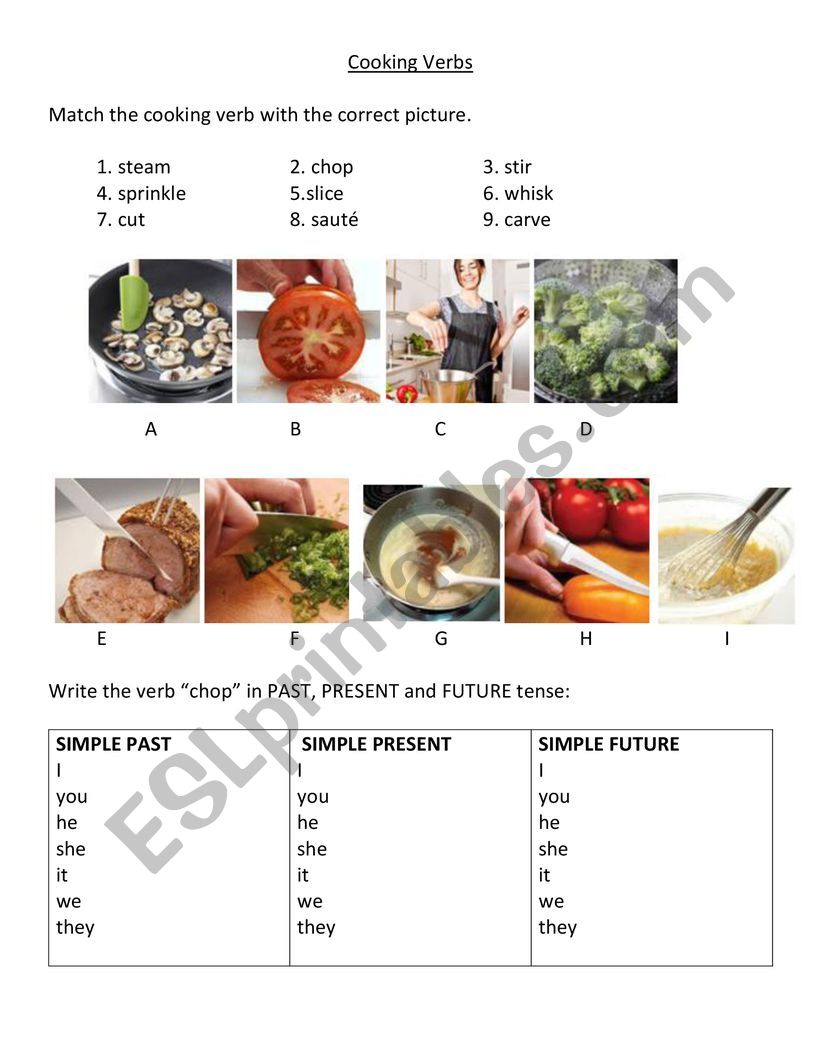 Cooking Verbs and Verb Tenses worksheet