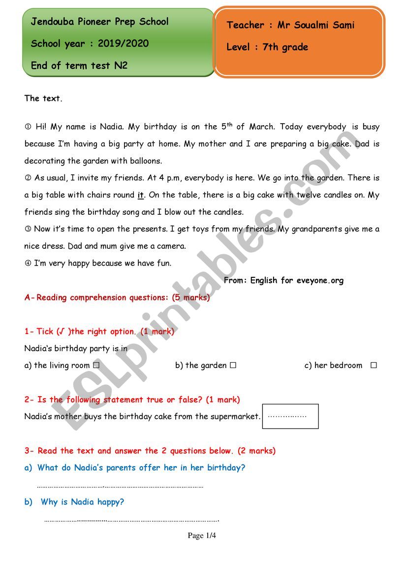 MID OF TERM TEST worksheet