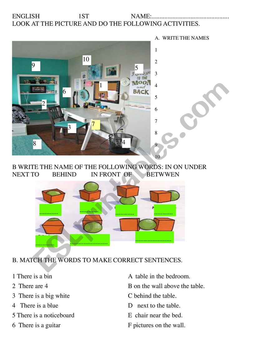 MY ROOM REVISION VOCABULARY, PREPOSITIONS OF PLACE AND MATCHING.