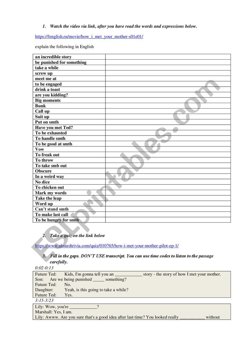 How I met your mother (Pilot) worksheet