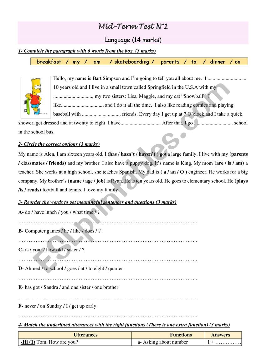 mid-term test N1 7th form worksheet