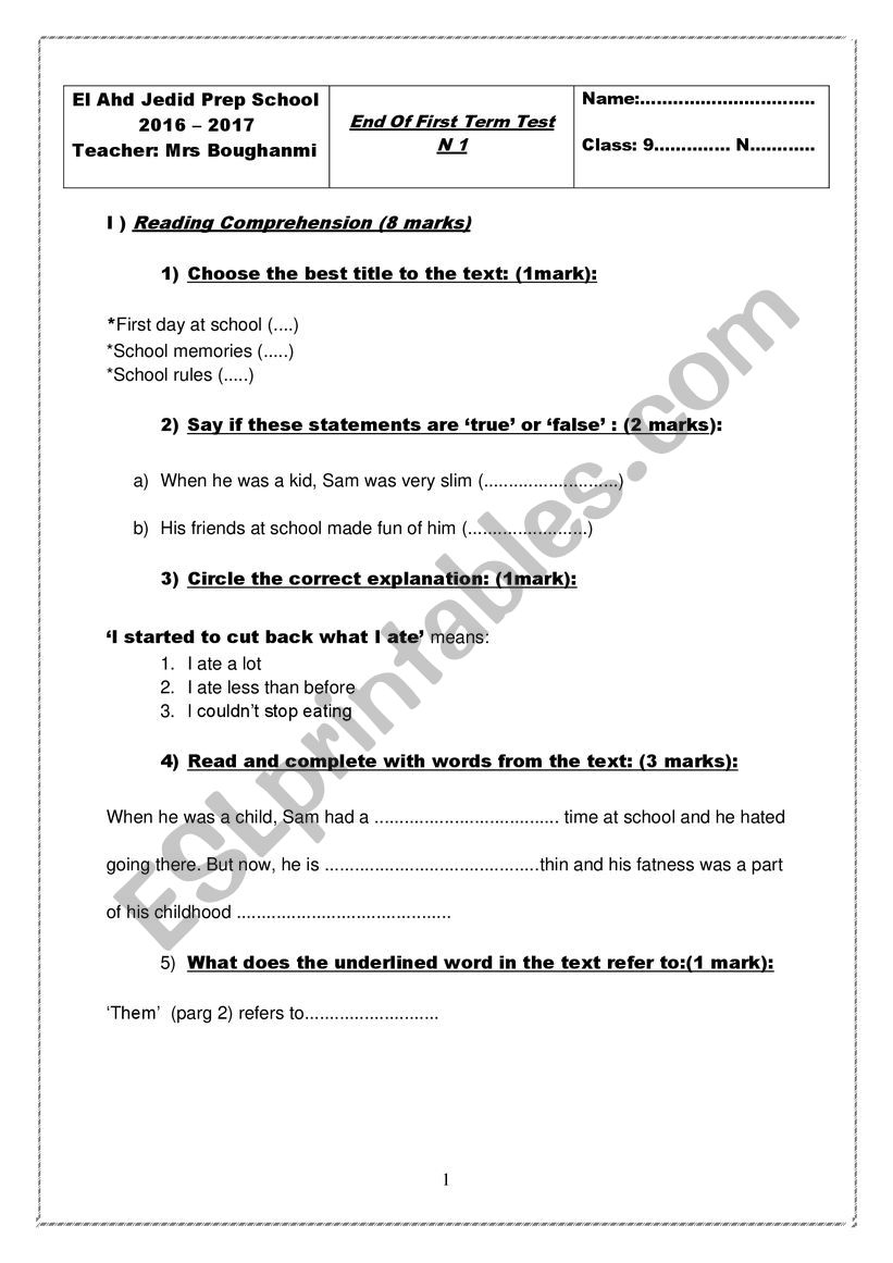 End term test 9th n1 worksheet
