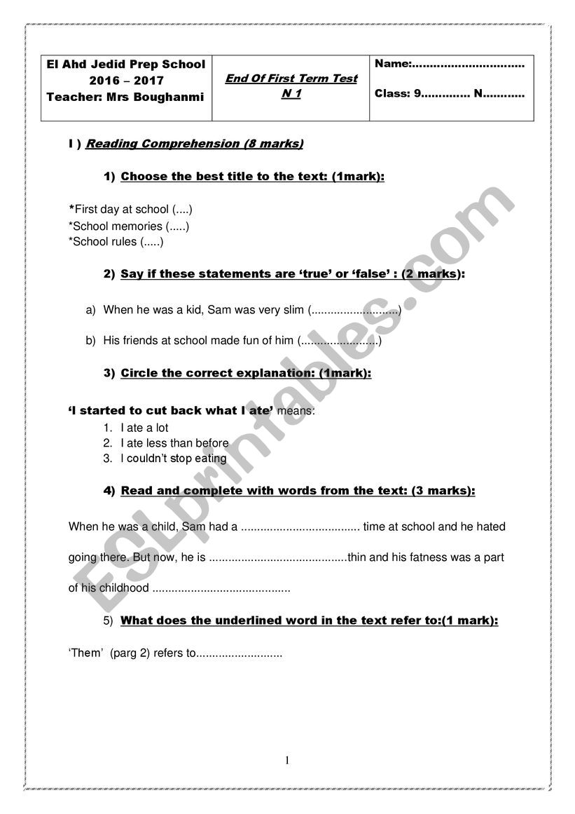 End term test 9th n1 worksheet