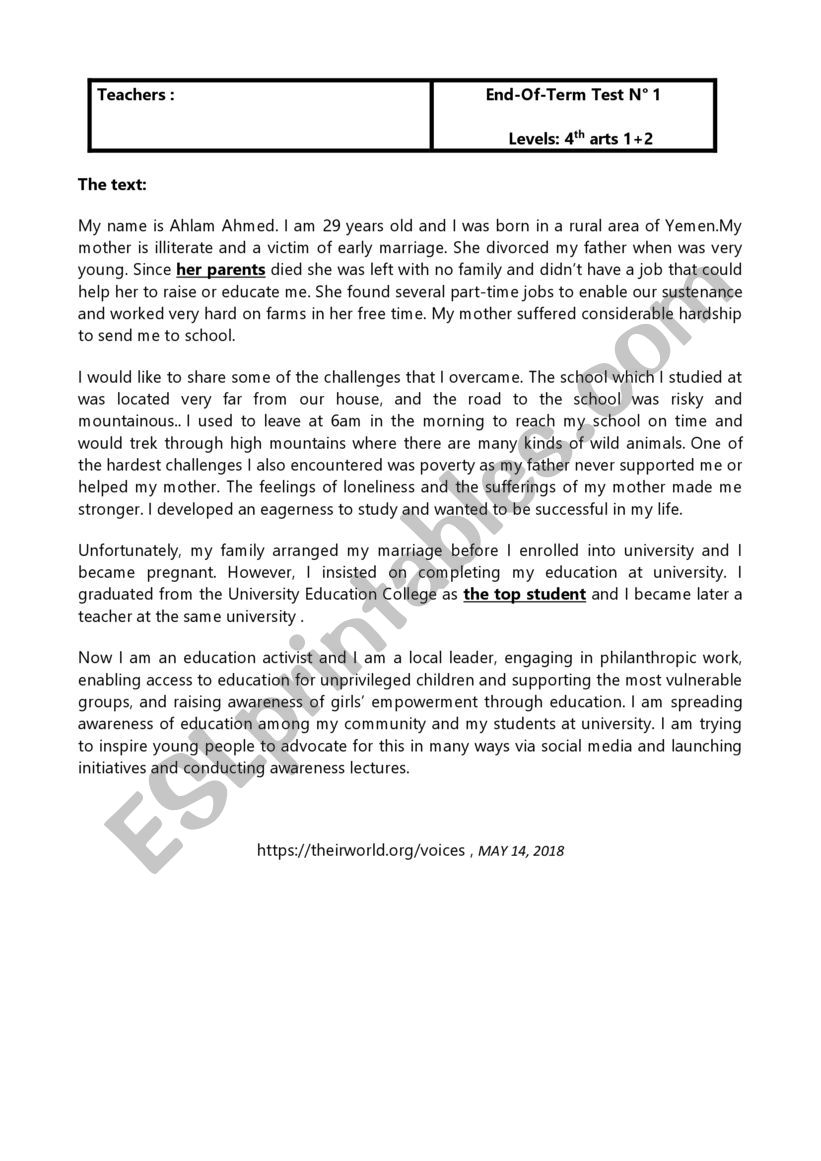 end term test 4th form worksheet