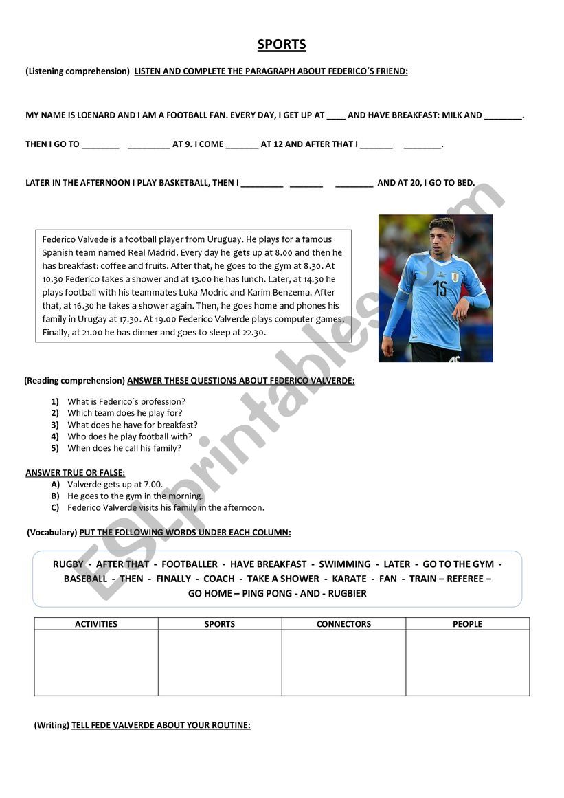 Footballer routine worksheet