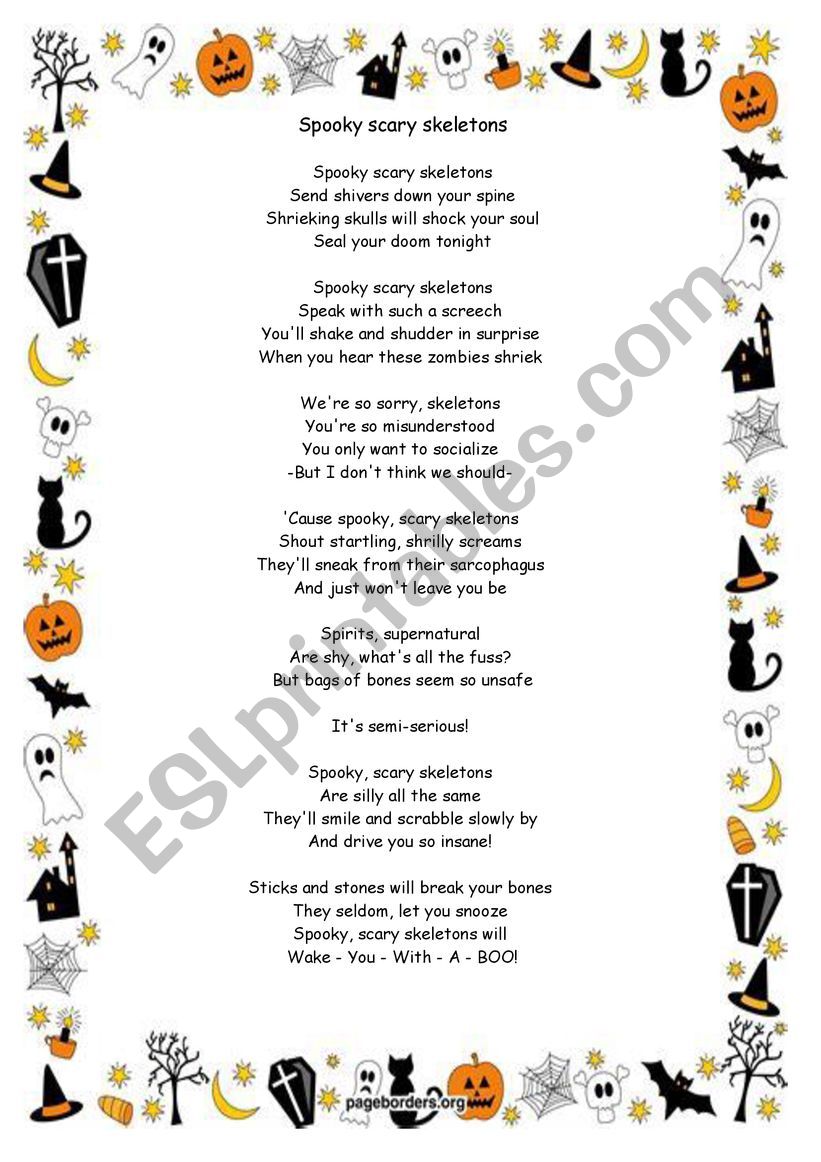 spooky scaryskeletons  worksheet
