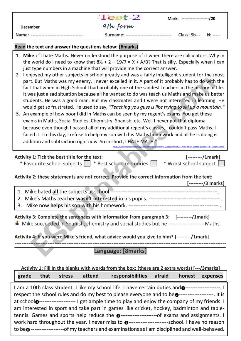 FULL TEST 1 9th form worksheet
