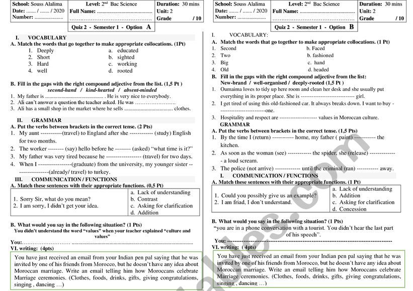 quiz 2 semester 1 worksheet