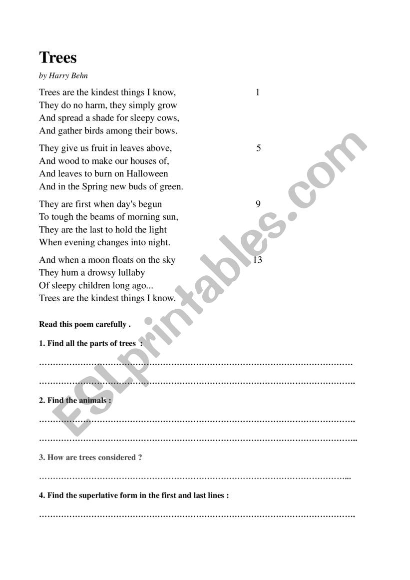 A poem about Trees worksheet