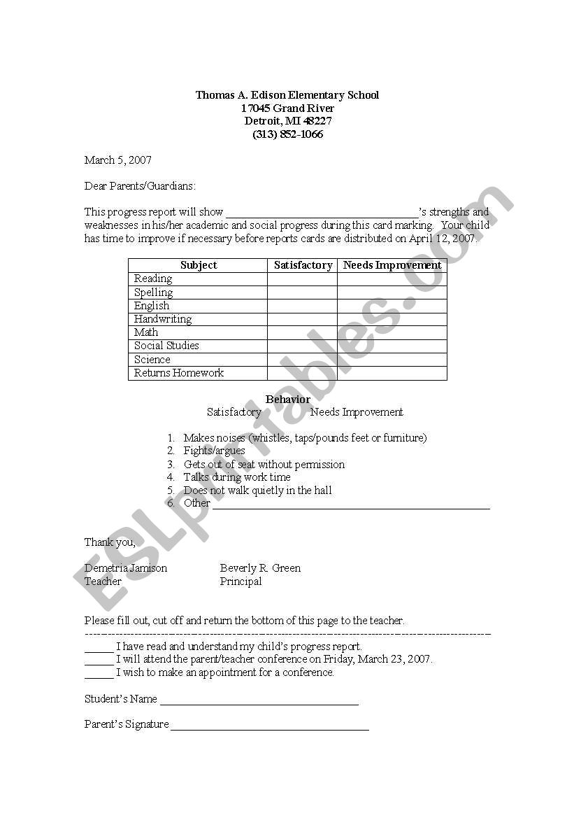 Progress Report worksheet