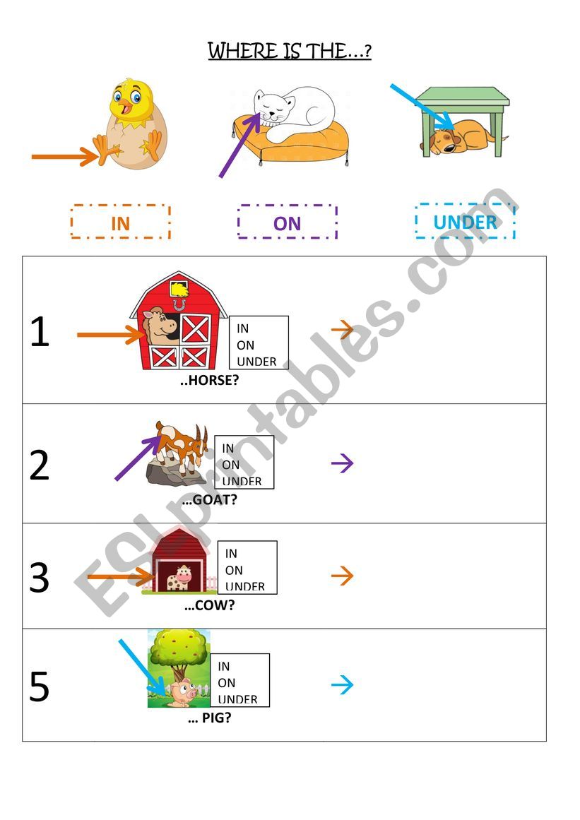 IN - ON - UNDER worksheet