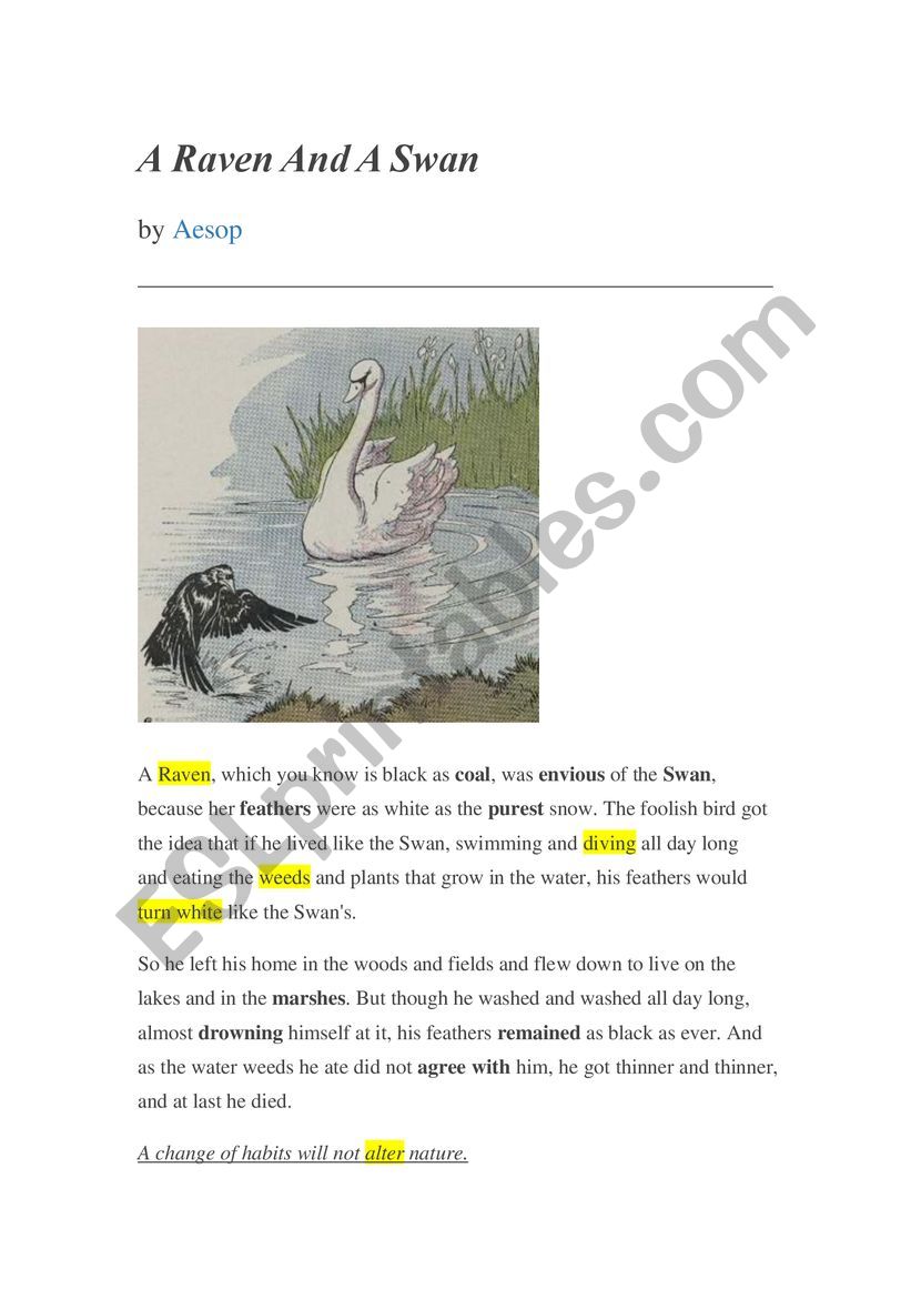 Reading exercise with Aesop�s Fable A Raven and A Swan