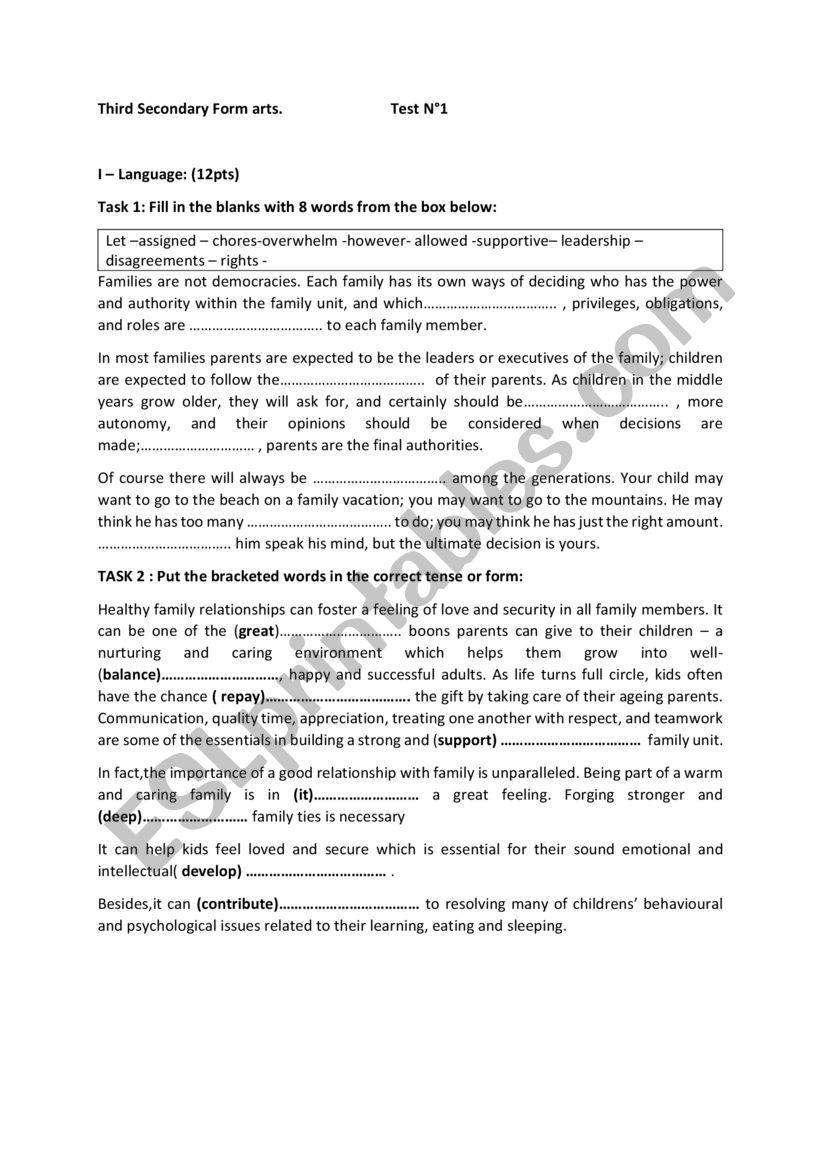 3rd Secondary Form (lettres) worksheet