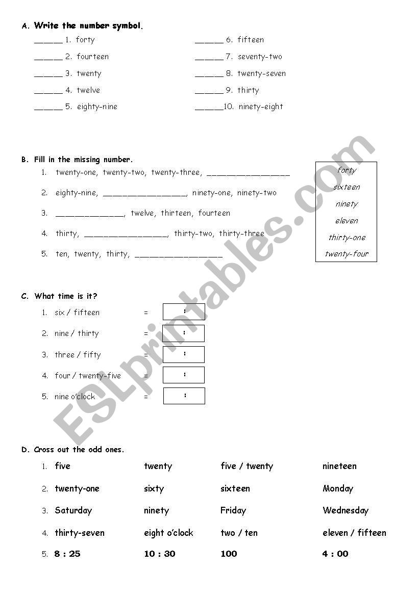 Numbers, Days and Time worksheet