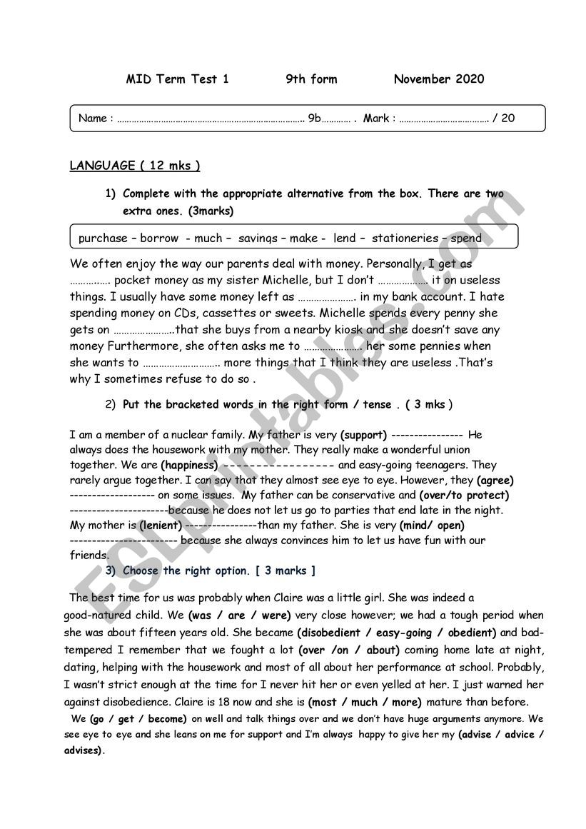 family life test 9th form worksheet