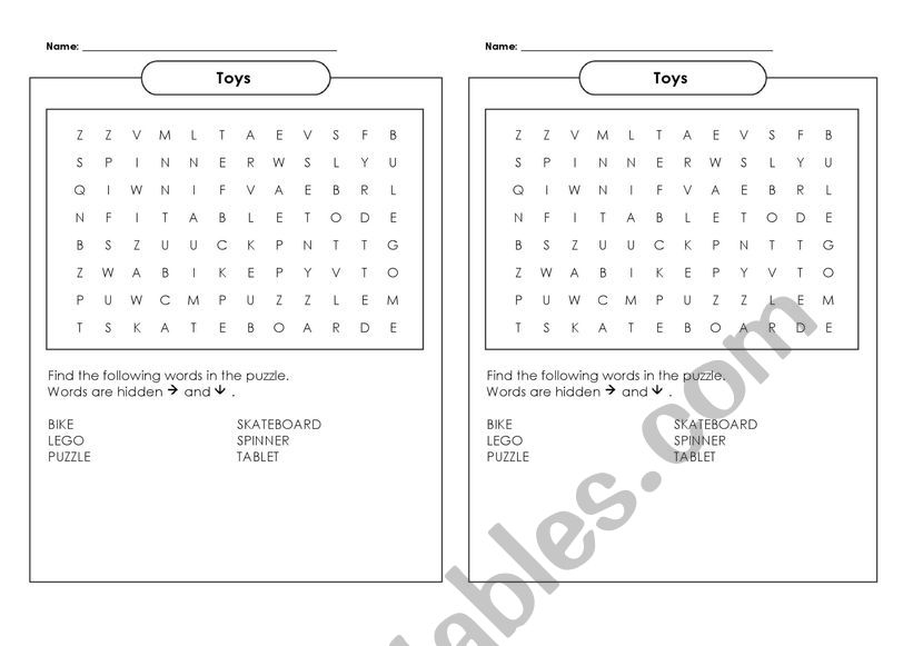 Toys wordsearch worksheet