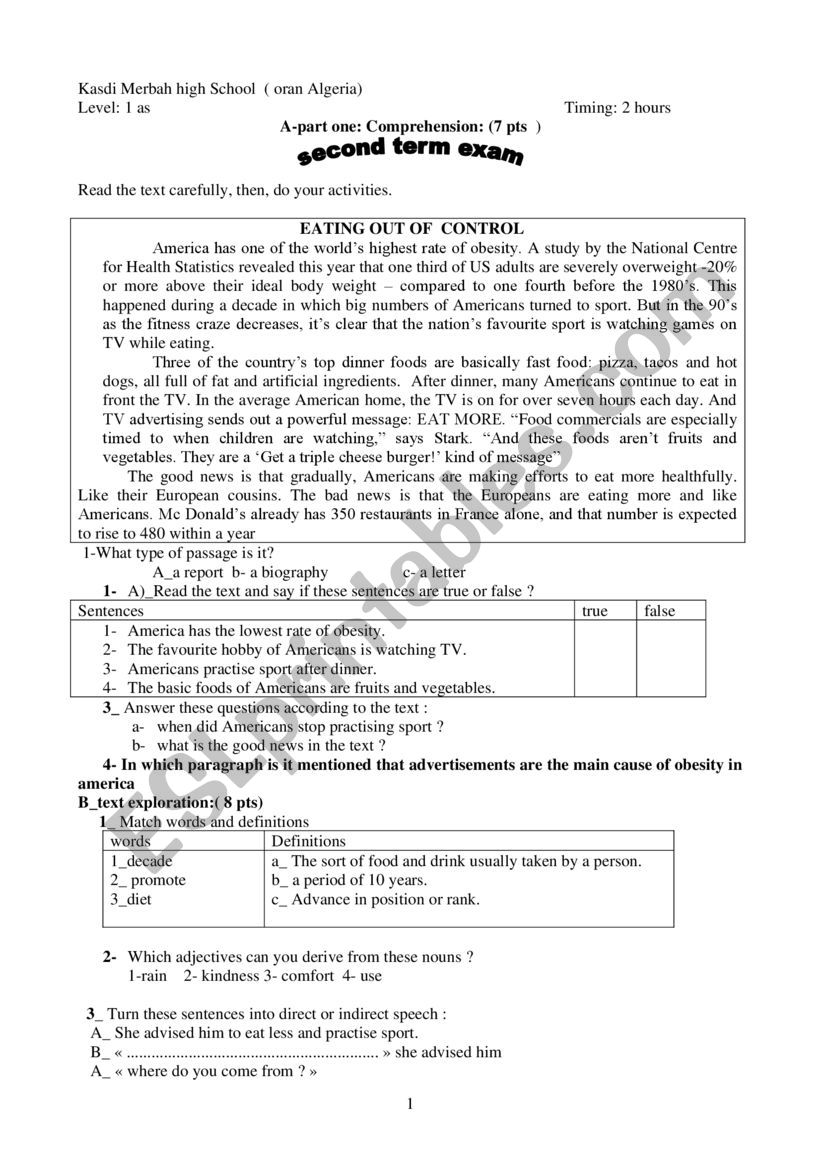 first year exam worksheet