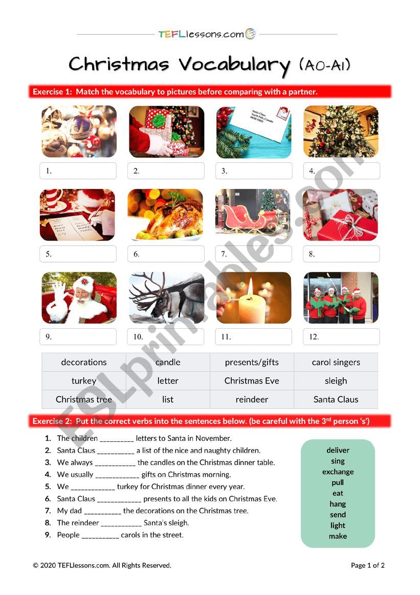 Christmas Vocabulary (A0/A1) worksheet