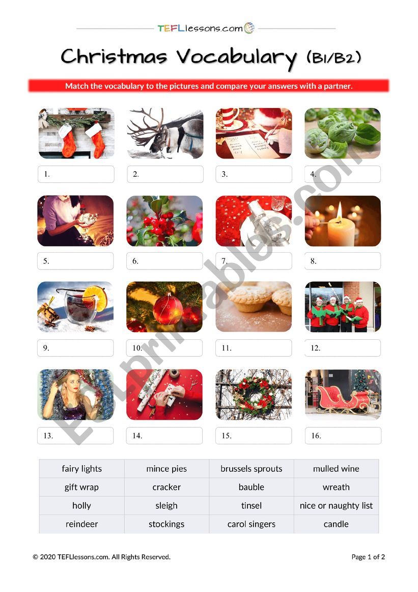 Christmas Vocabulary (B1/B2) worksheet