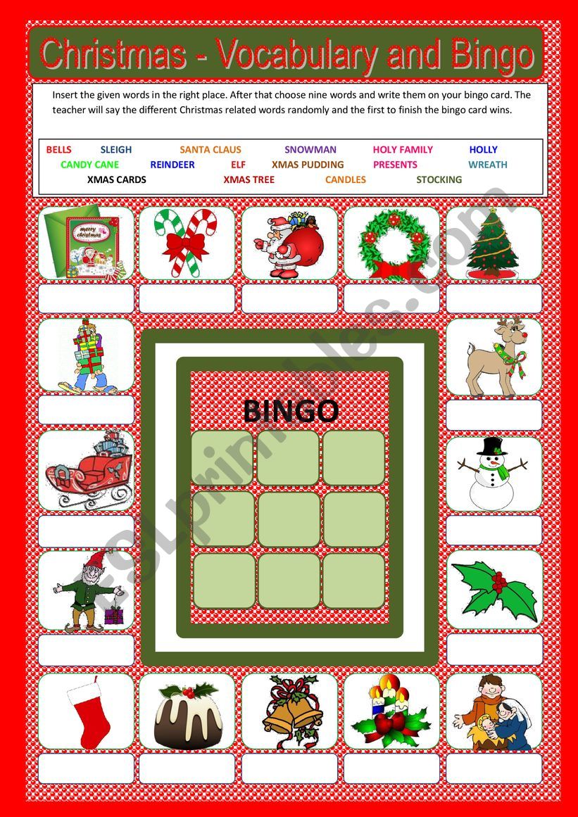 Christmas vocabulary and bingo