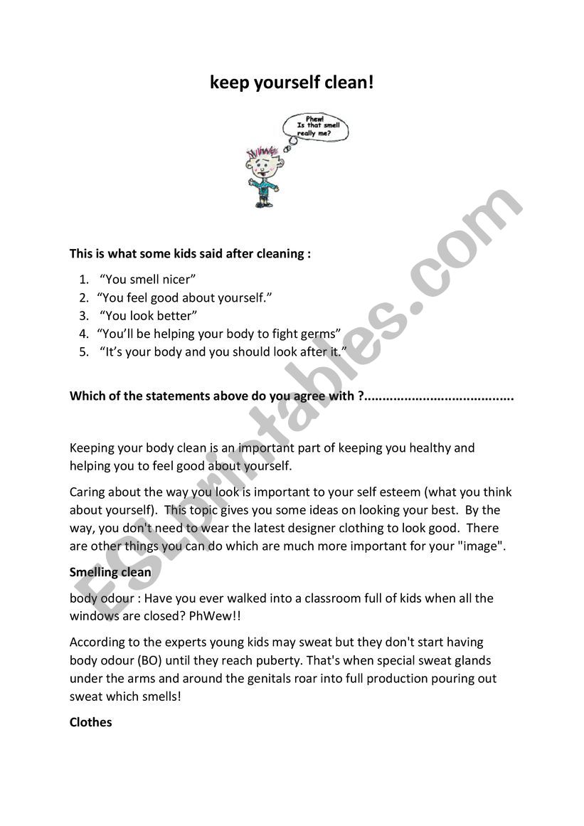 Keep yourself clean worksheet