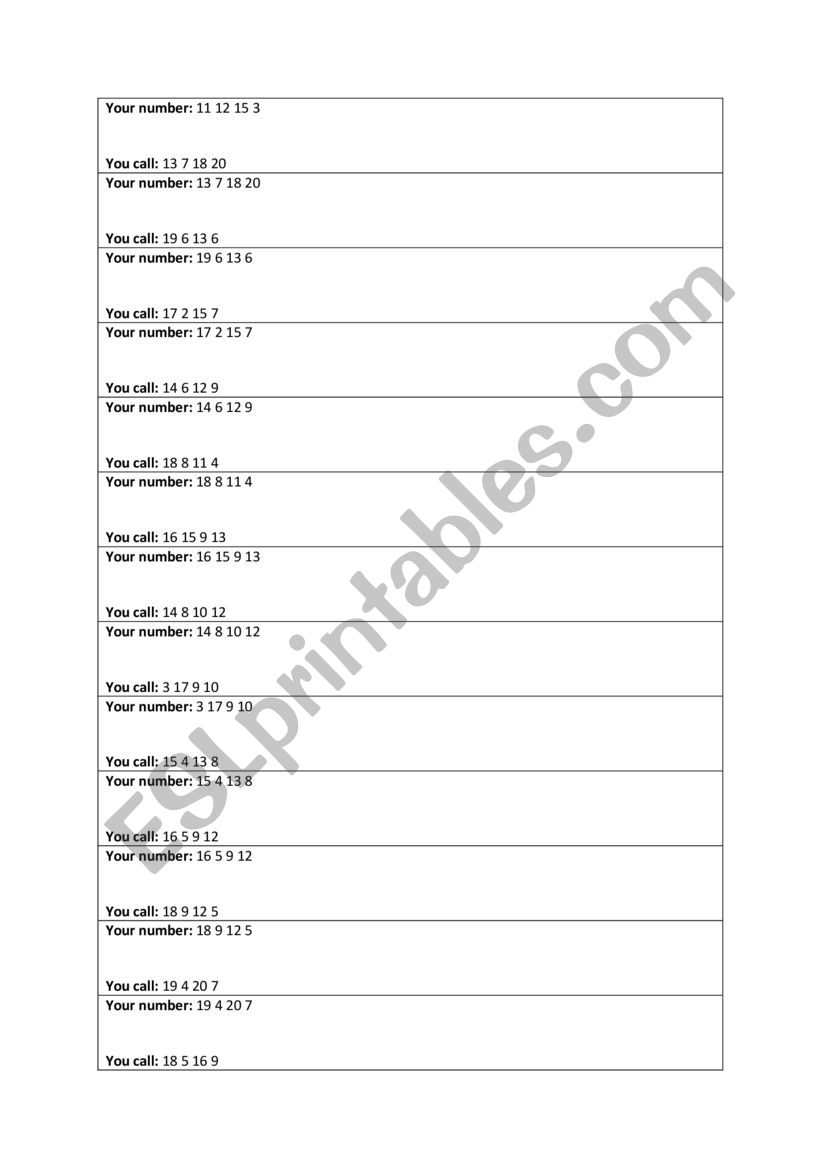 Chain reading numbers worksheet