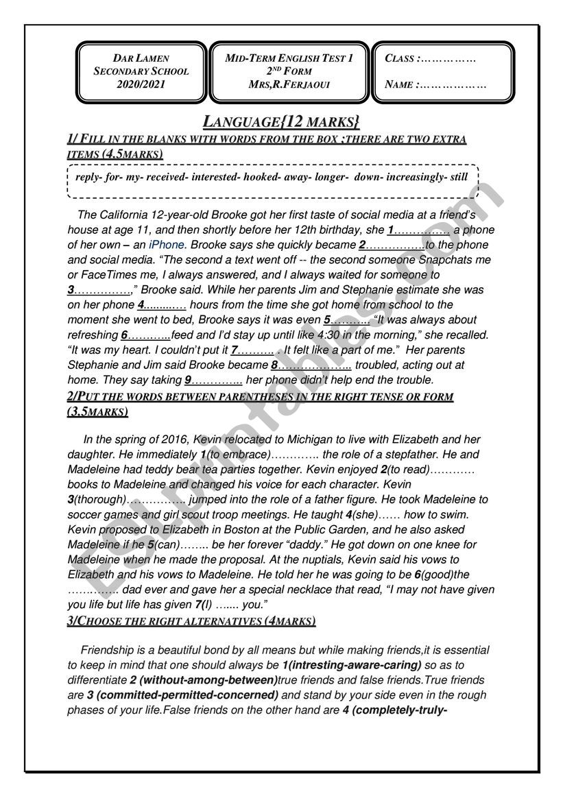 Mid-term English test 1 worksheet