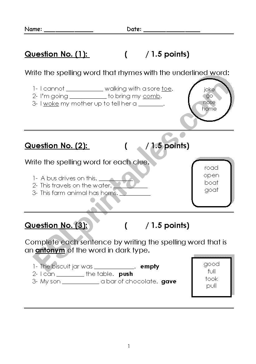 Spelling Test worksheet