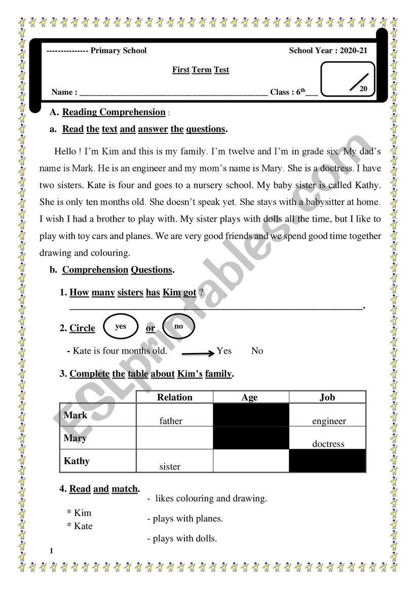6th Primary December Test worksheet