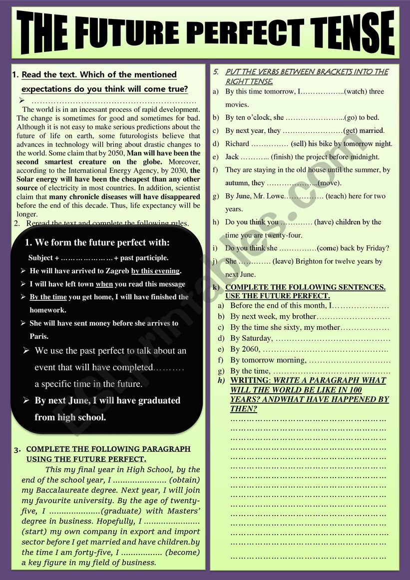 THE FUTURE PERFECT TENSE worksheet