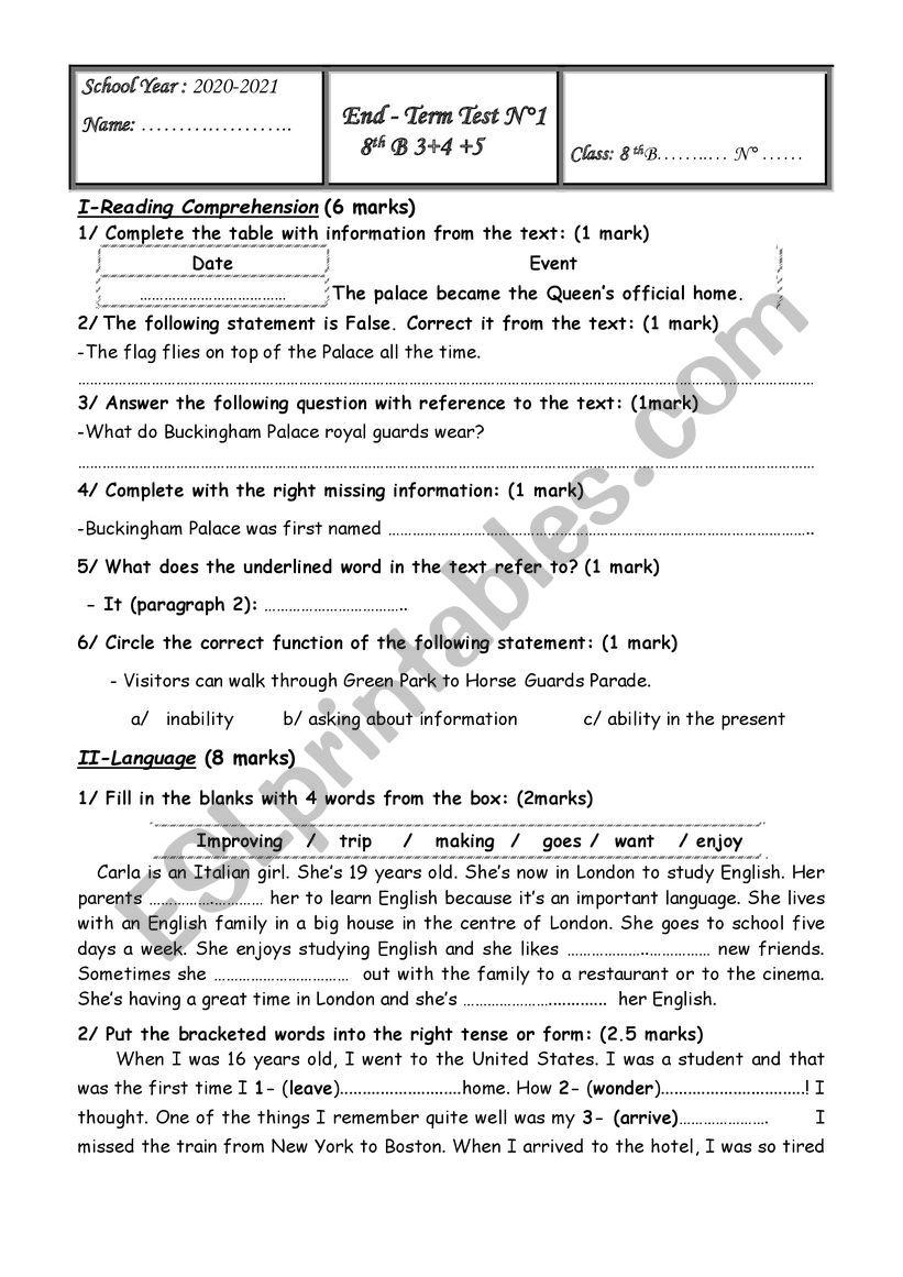 End of term test n 1 worksheet