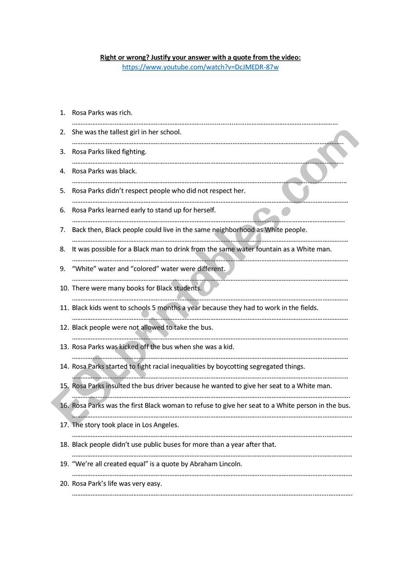 ROSA PARKS WORKSHEET + LINK TO THE VIDEO