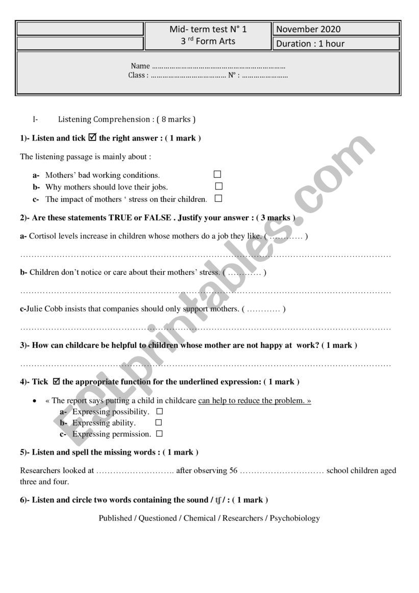 4th form exam worksheet